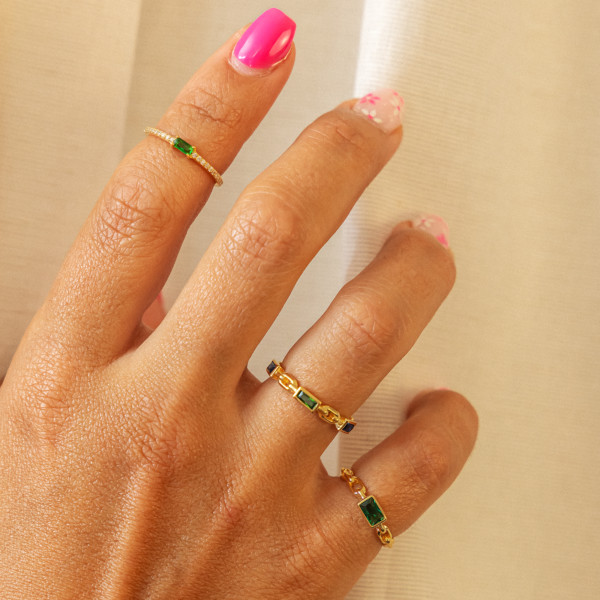 cai Ring 925 Silber vergoldet Kettendesign Baguette Stein grün | Ringe |  Women | caï jewels