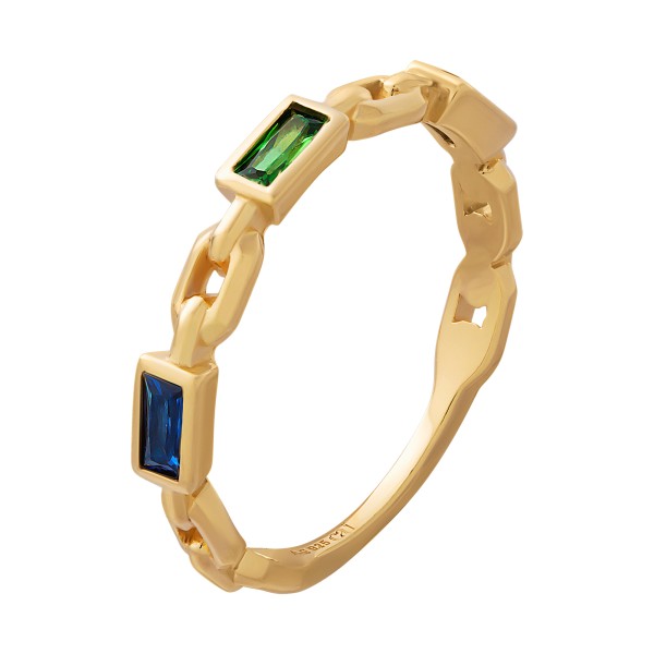 cai Ring 925 Silber vergoldet Kettendesign Baguette Steine grün blau