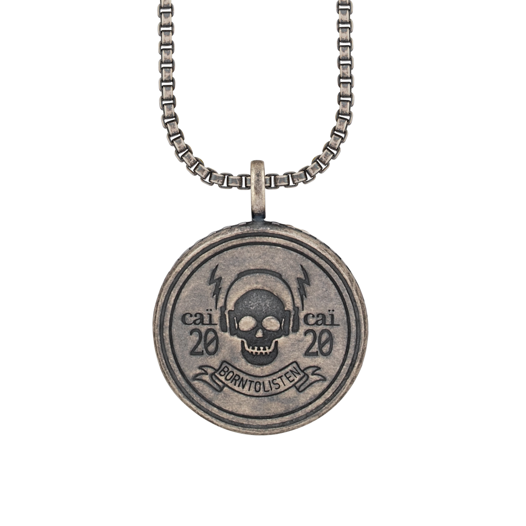 cai Anhänger mit Kette 925/- Silber matt oxidiert Rock Music Skull Wappen